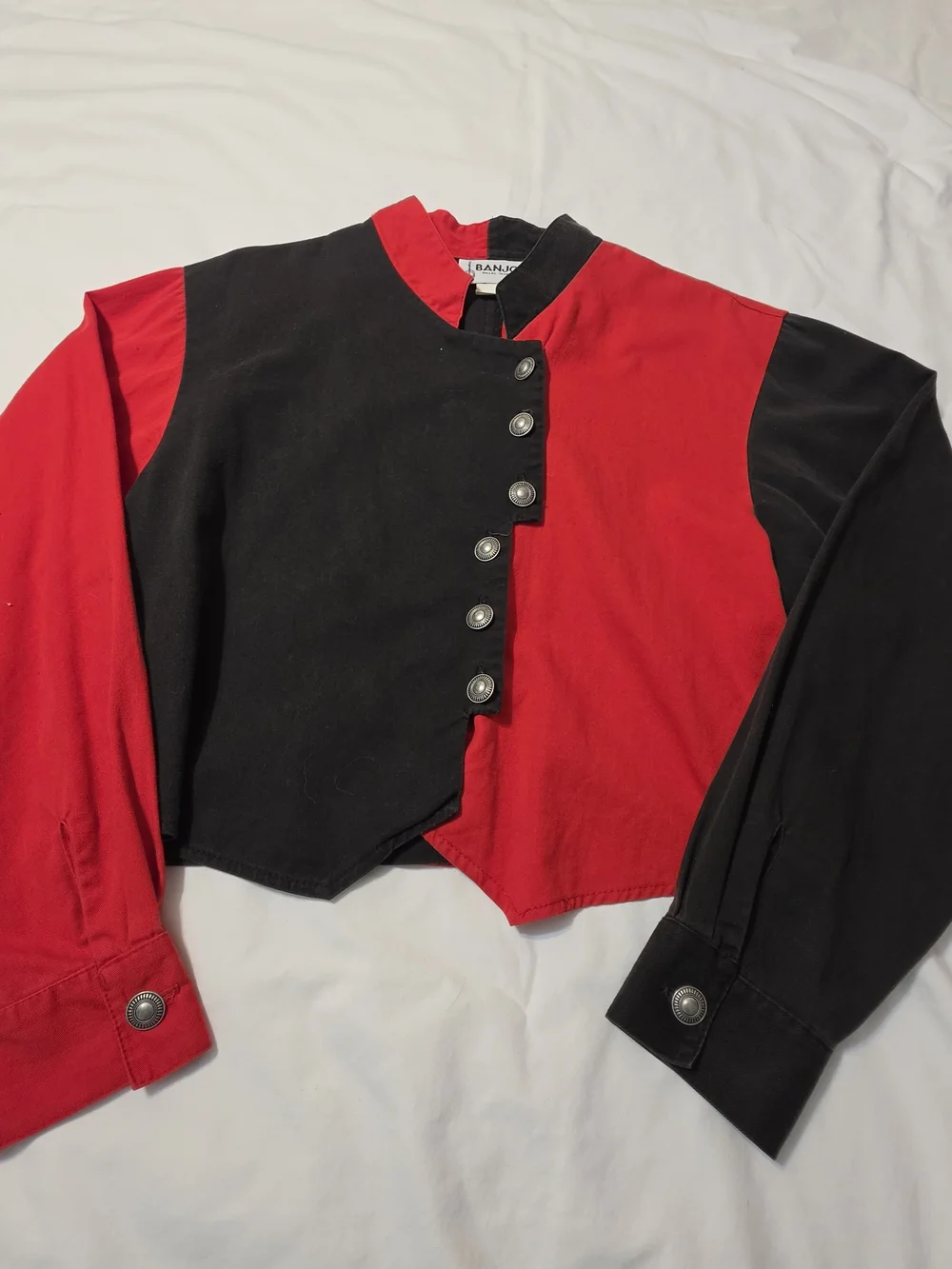 Banjo Women's Vintage Two-Tone Red & Black Asymmetric Button Shacket